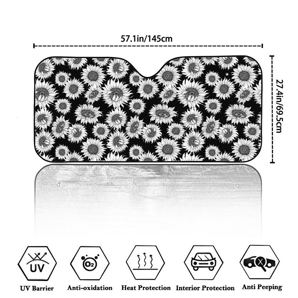 Black And White Sunflower Pattern Print Car Windshield Sun Shade