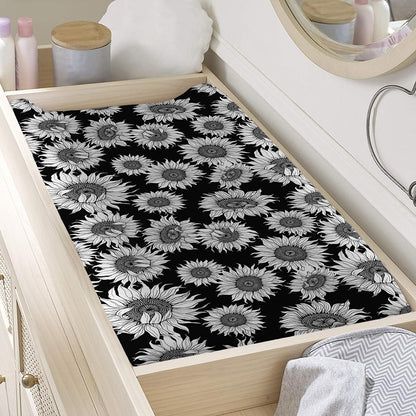 Black And White Sunflower Pattern Print Changing Pad Cover