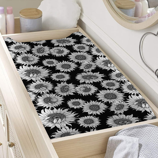 Black And White Sunflower Pattern Print Changing Pad Cover