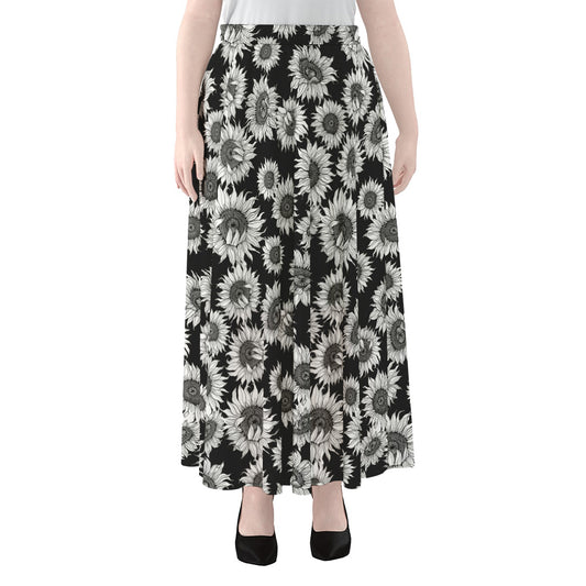 Black And White Sunflower Pattern Print Chiffon Maxi Skirt
