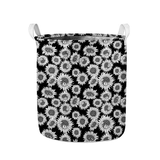 Black And White Sunflower Pattern Print Collapsible Laundry Basket