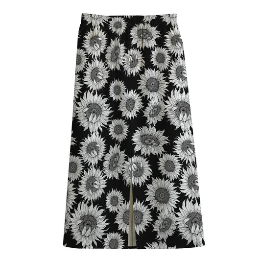 Black And White Sunflower Pattern Print Cotton Front Slit Maxi Skirt