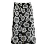 Black And White Sunflower Pattern Print Cotton Front Slit Maxi Skirt