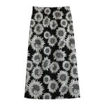 Black And White Sunflower Pattern Print Cotton Front Slit Maxi Skirt