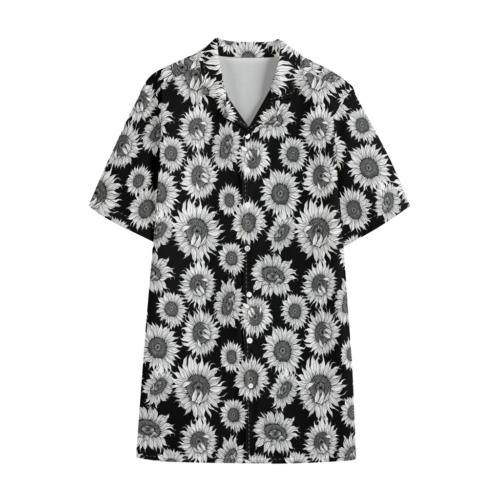 Black And White Sunflower Pattern Print Cotton Hawaiian Shirt