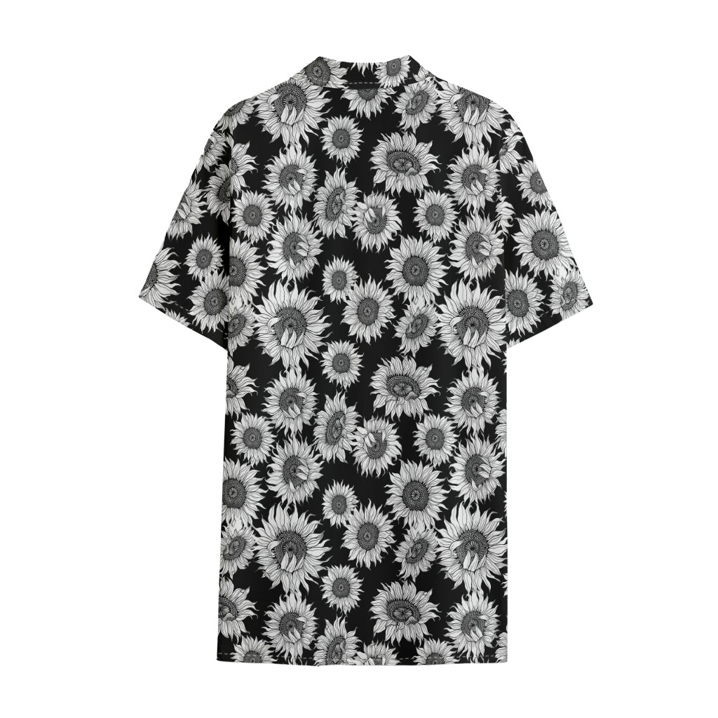 Black And White Sunflower Pattern Print Cotton Hawaiian Shirt
