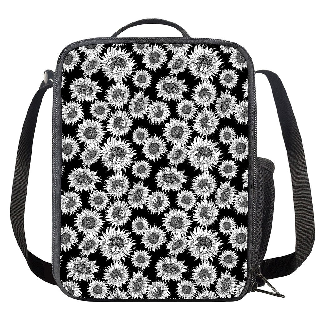 Black And White Sunflower Pattern Print Crossbody Lunch Bag