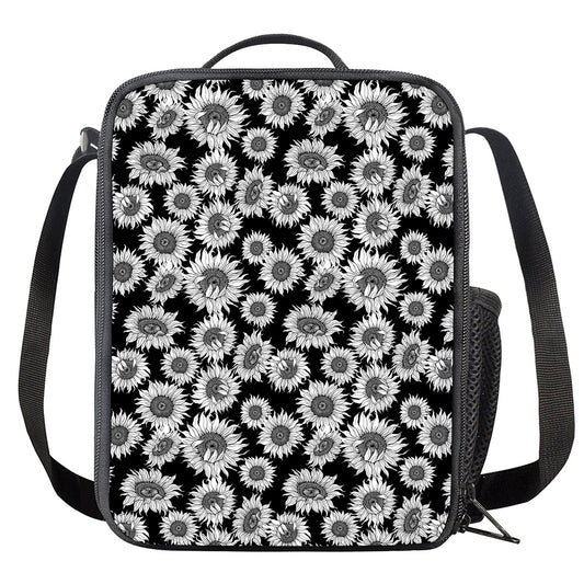 Black And White Sunflower Pattern Print Crossbody Lunch Bag