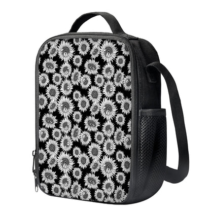 Black And White Sunflower Pattern Print Crossbody Lunch Bag