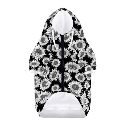 Black And White Sunflower Pattern Print Dog Zip Up Hoodie