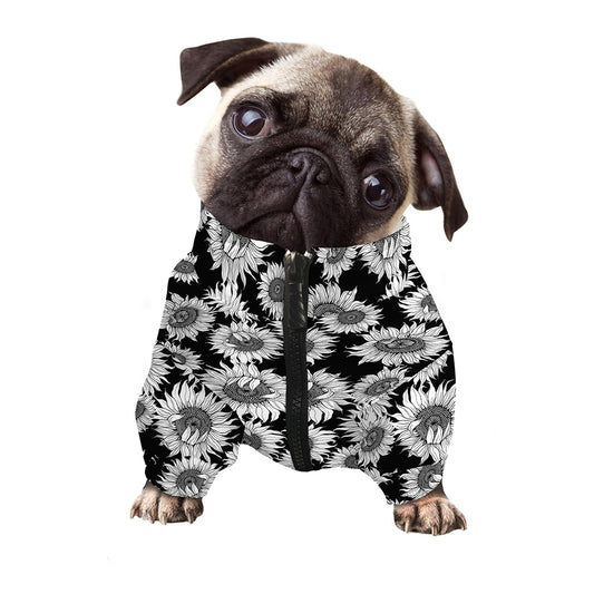 Black And White Sunflower Pattern Print Dog Zip Up Jacket