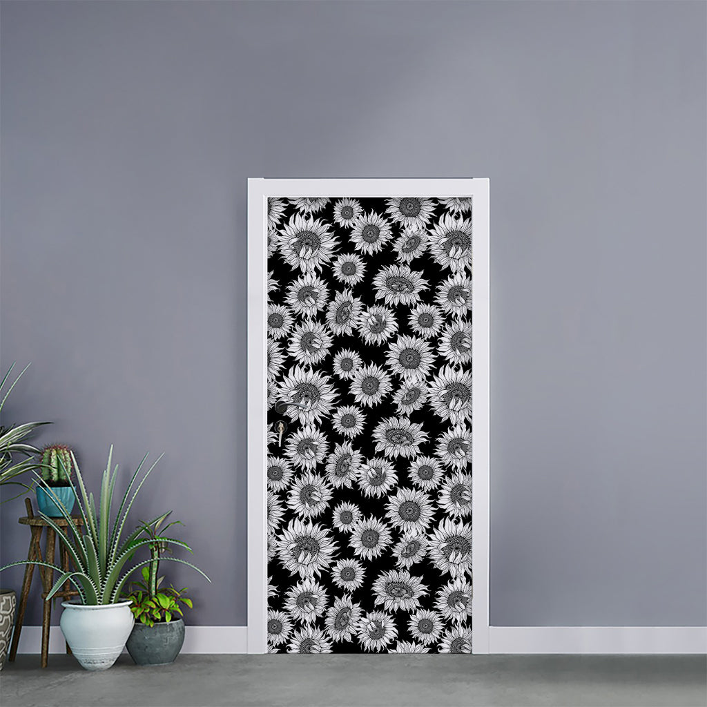 Black And White Sunflower Pattern Print Door Sticker