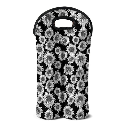 Black And White Sunflower Pattern Print Double Neoprene Wine Tote