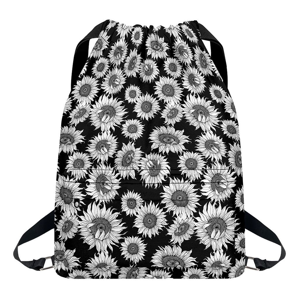 Black And White Sunflower Pattern Print Drawstring Backpack