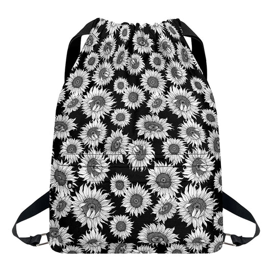 Black And White Sunflower Pattern Print Drawstring Backpack