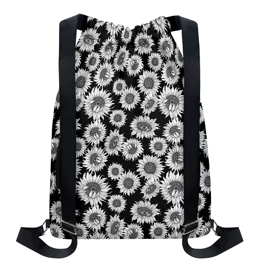 Black And White Sunflower Pattern Print Drawstring Backpack