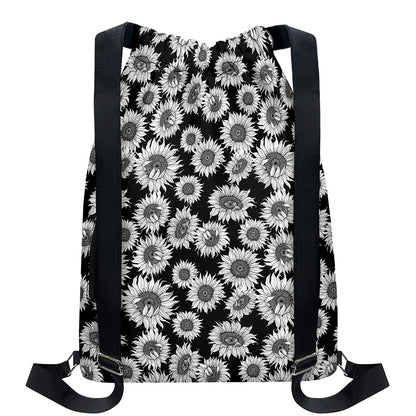 Black And White Sunflower Pattern Print Drawstring Backpack
