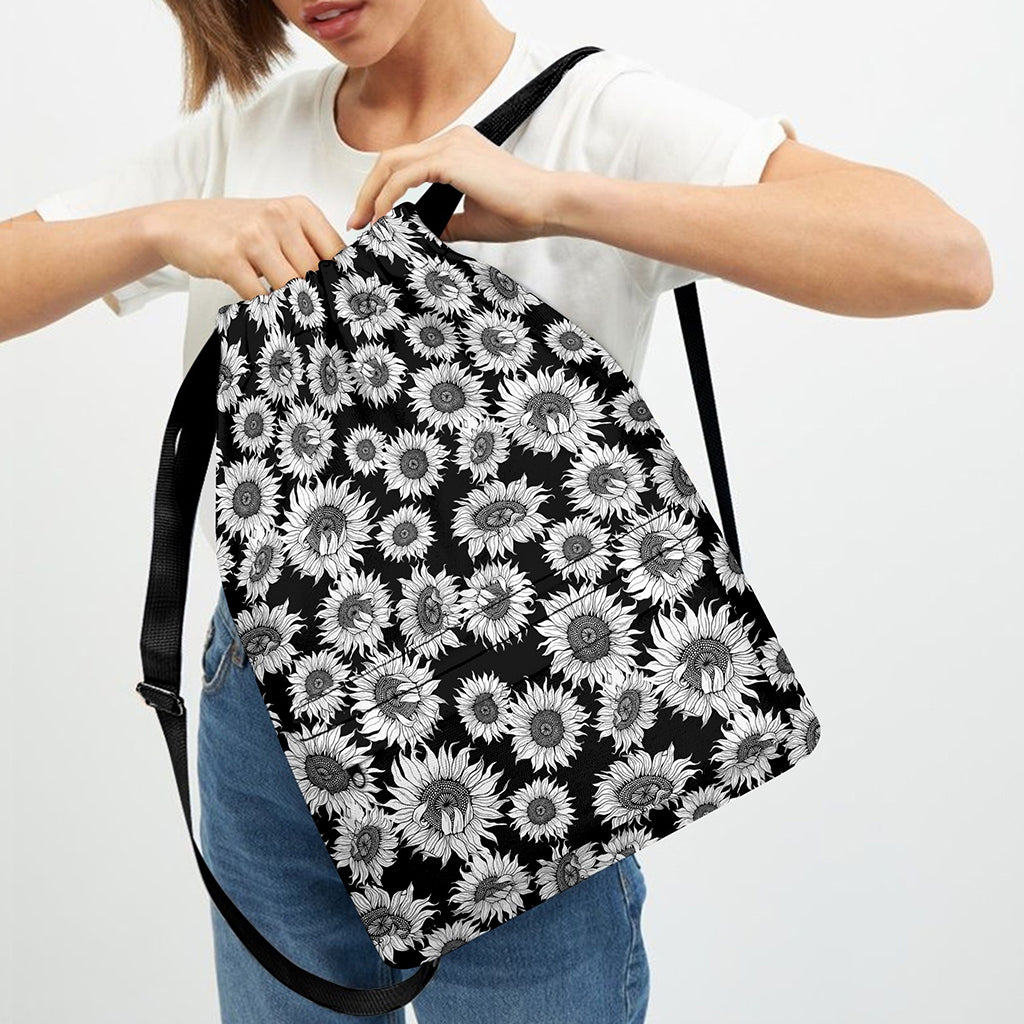 Black And White Sunflower Pattern Print Drawstring Backpack