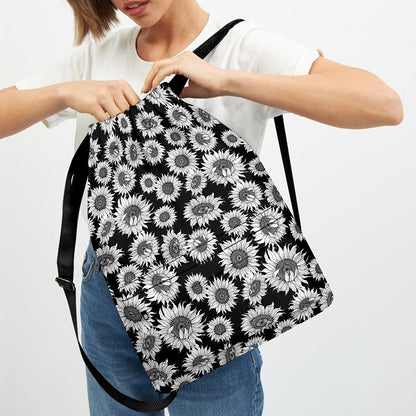 Black And White Sunflower Pattern Print Drawstring Backpack