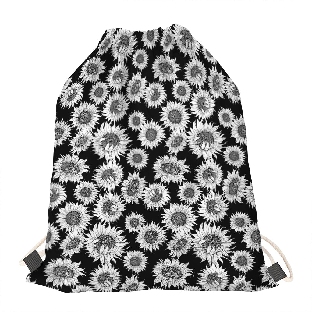 Black And White Sunflower Pattern Print Drawstring Bag