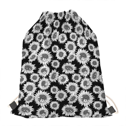 Black And White Sunflower Pattern Print Drawstring Bag