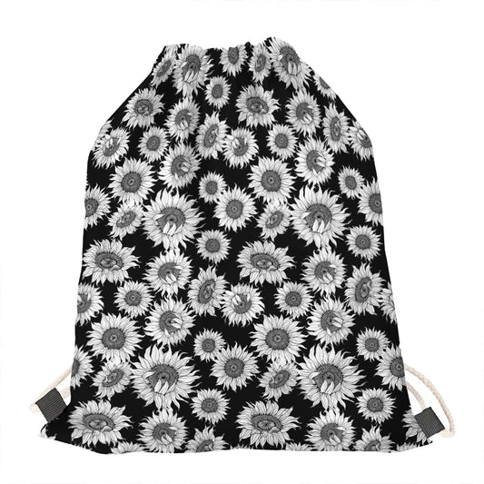 Black And White Sunflower Pattern Print Drawstring Bag