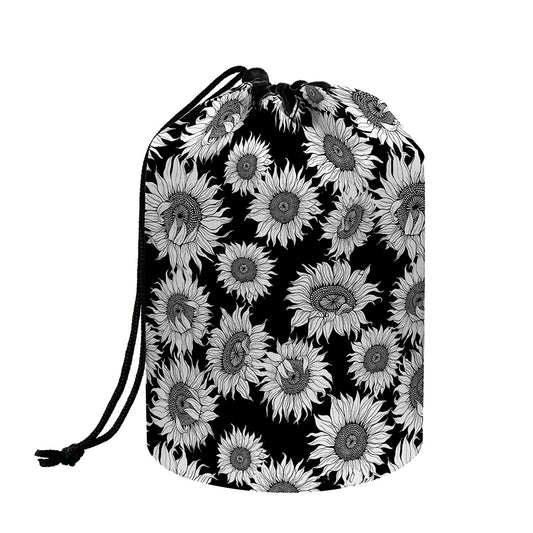 Black And White Sunflower Pattern Print Drawstring Makeup Bag