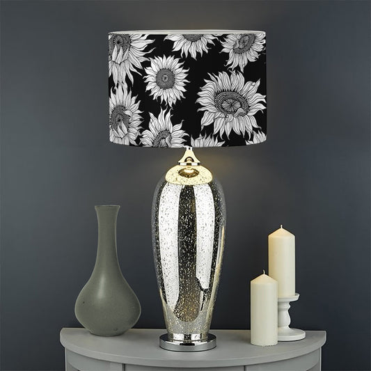 Black And White Sunflower Pattern Print Drum Lamp Shade