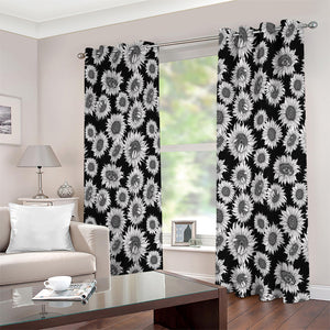 Black And White Sunflower Pattern Print Extra Wide Grommet Curtains