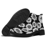 Black And White Sunflower Pattern Print Flat Ankle Boots