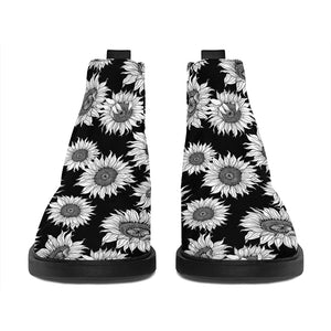 Black And White Sunflower Pattern Print Flat Ankle Boots