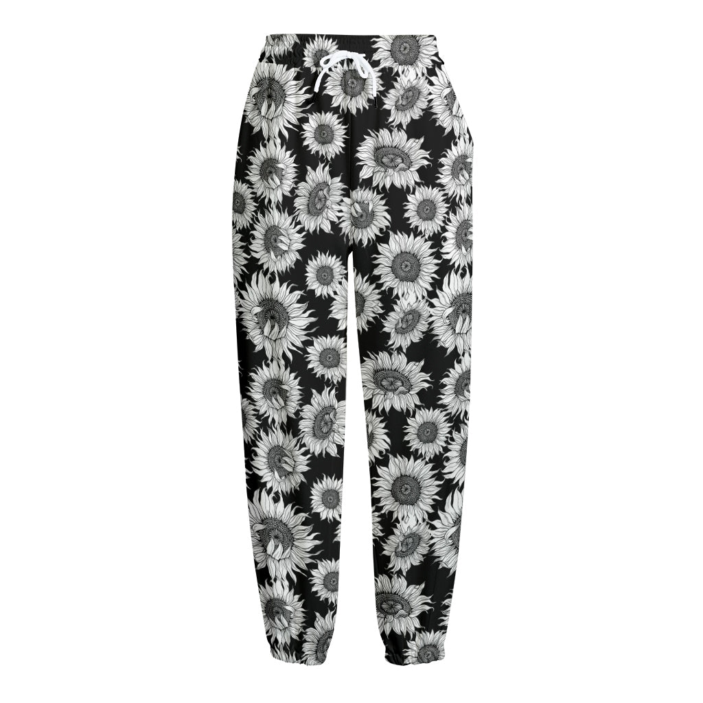 Black And White Sunflower Pattern Print Fleece Lined Knit Pants