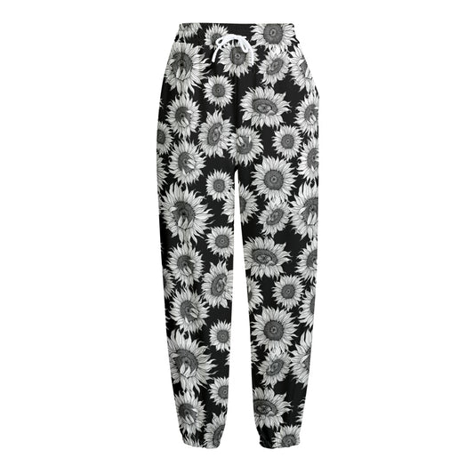 Black And White Sunflower Pattern Print Fleece Lined Knit Pants