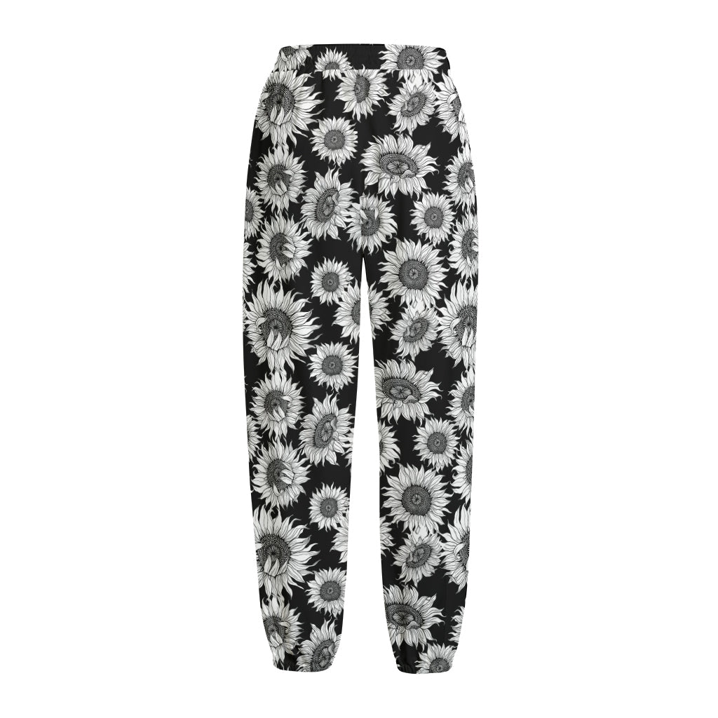 Black And White Sunflower Pattern Print Fleece Lined Knit Pants