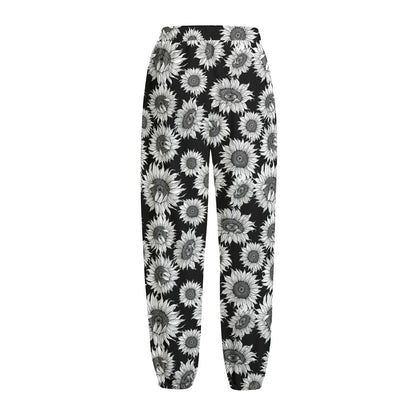 Black And White Sunflower Pattern Print Fleece Lined Knit Pants
