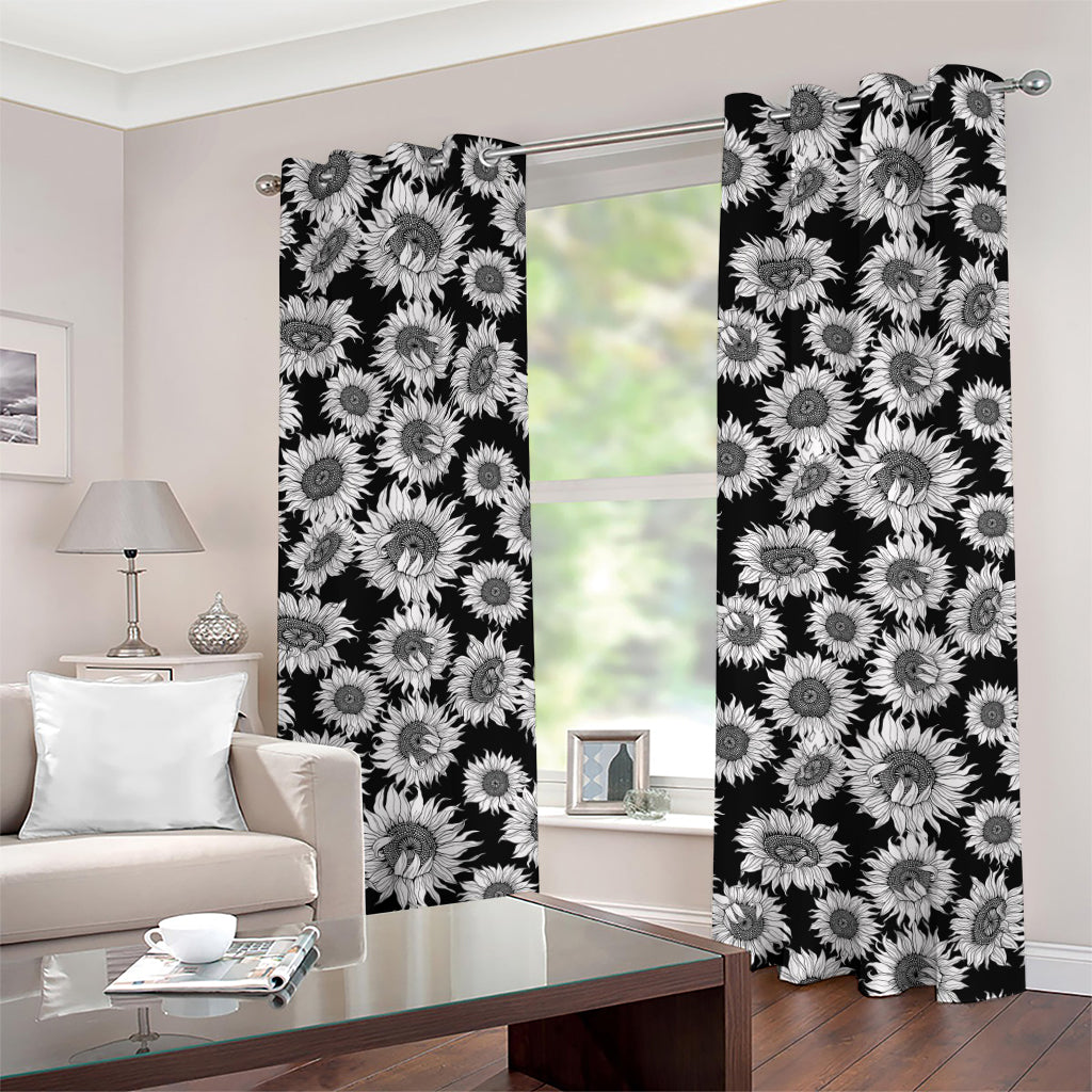 Black And White Sunflower Pattern Print Grommet Curtains