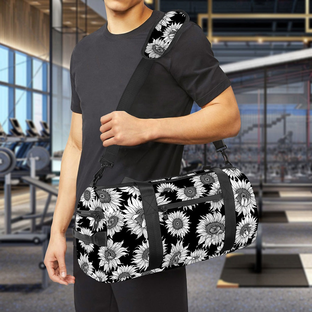 Black And White Sunflower Pattern Print Gym Bag