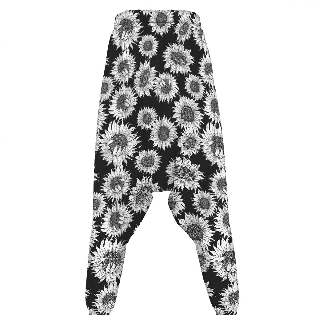 Black And White Sunflower Pattern Print Hammer Pants