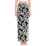Black And White Sunflower Pattern Print High Slit Maxi Skirt