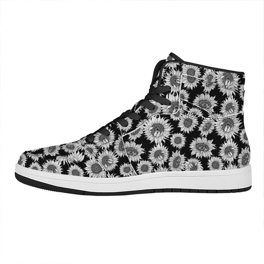 Black And White Sunflower Pattern Print High Top Leather Sneakers