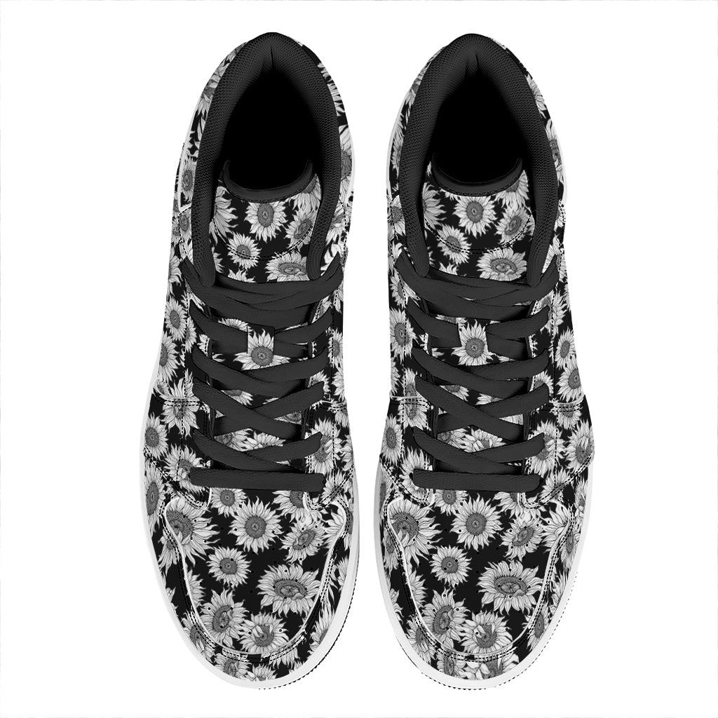 Black And White Sunflower Pattern Print High Top Leather Sneakers