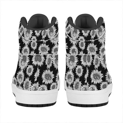 Black And White Sunflower Pattern Print High Top Leather Sneakers