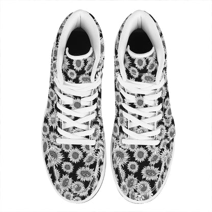 Black And White Sunflower Pattern Print High Top Leather Sneakers
