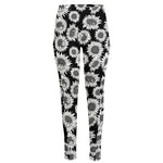 Black And White Sunflower Pattern Print High-Waisted Pocket Leggings