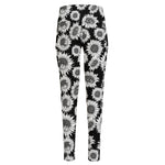 Black And White Sunflower Pattern Print High-Waisted Pocket Leggings