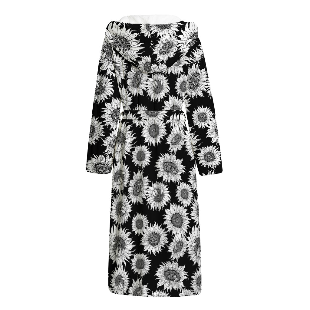 Black And White Sunflower Pattern Print Hooded Bathrobe