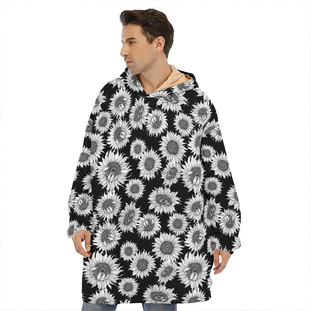 Black And White Sunflower Pattern Print Hoodie Blanket