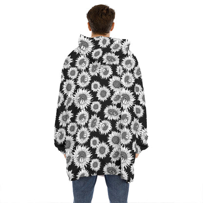 Black And White Sunflower Pattern Print Hoodie Blanket