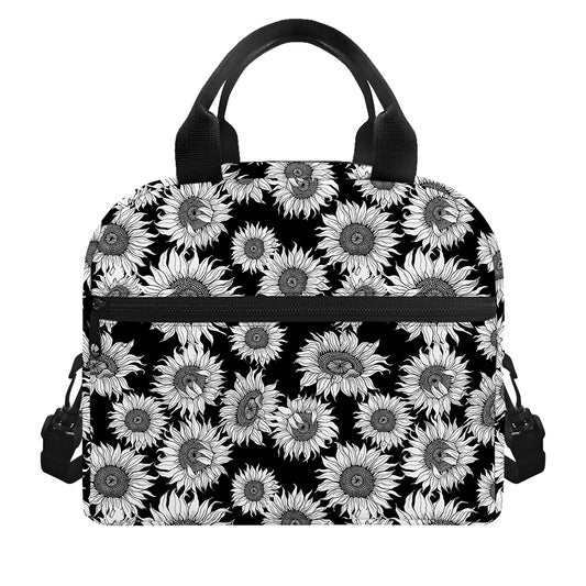 Black And White Sunflower Pattern Print Insulated Lunch Bag
