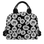 Black And White Sunflower Pattern Print Insulated Lunch Bag
